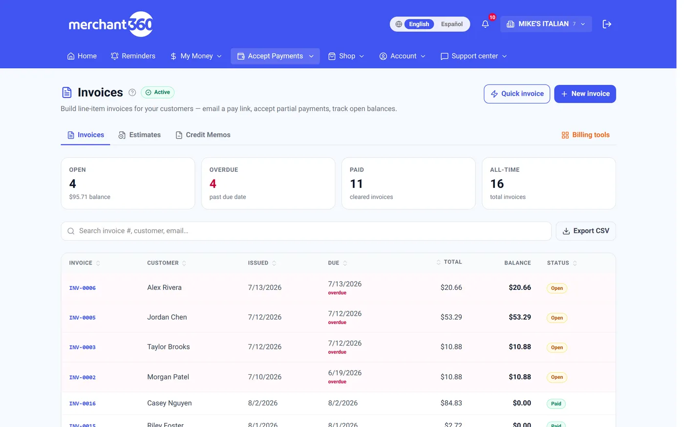 Merchant360 Invoices screen
